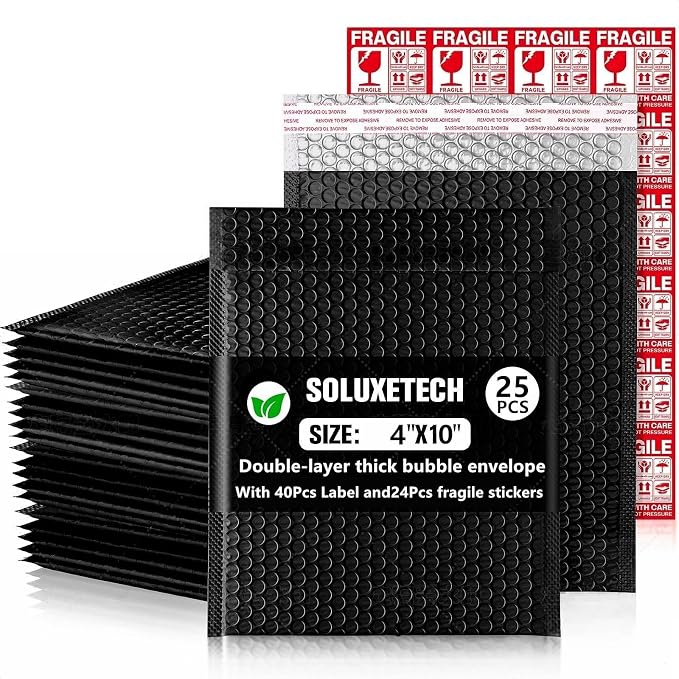 Bubble Mailers 4x10" 25Pack Bright Black 40Pcs Labels Thick Waterproof Padded Poly Envelopes Bubble Wrap Mailers Shipping Bags for Small Business Shipping Envelope Mailer#000