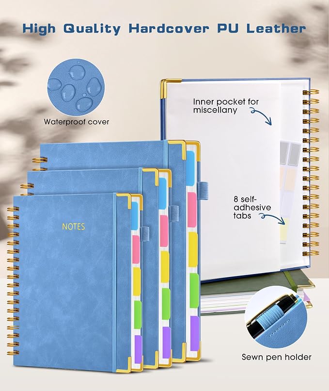 Hardcover Spiral Notebook Journal with Removable Dividers Tabs, 300 Pages Leather 5 Subject Notebook College Ruled, 8"x10" Large B5 Notebooks for Work School, Lined Journal for Women, Light Blue
