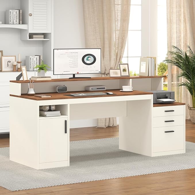 65" Computer Desk with 3 Drawers & Printer Shelf for Home Office | Office Desk with Printer Shelf & File Drawer, Executive Desk Writing Study Table with Monitor Stand, Brown & White