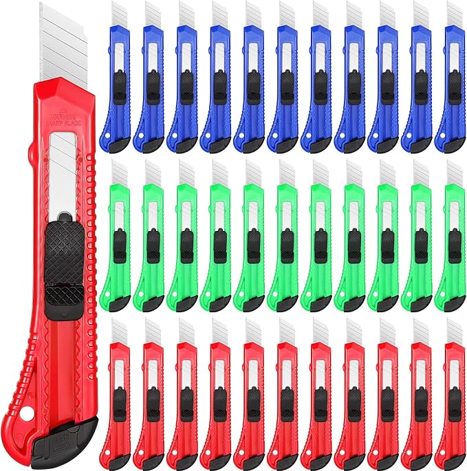 Chumia 60 Pack Box Cutter Bulk Utility Knife 18 mm Wide Blade Plastic Box Cutter Retractable Paper Knife Compact Extended Use for Office Art Studio School Home Warehouse Crafts 3 Colors