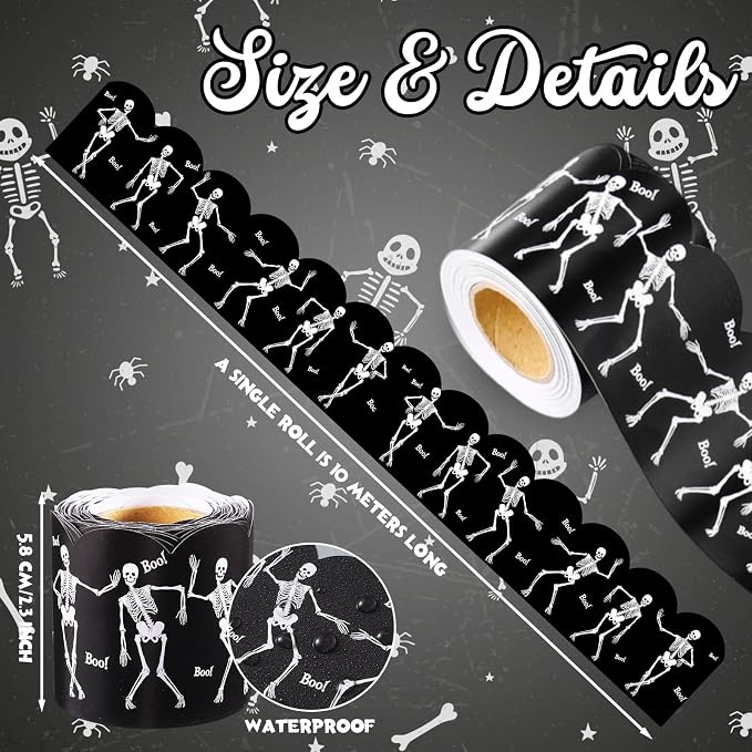 32.8 Ft Halloween Skeleton Bulletin Board Borders, Scalloped Trim | Black Scalloped Edge with Skeleton Boo Design, Ideal for Classroom Displays, Office Boards, Halloween Party Decorations