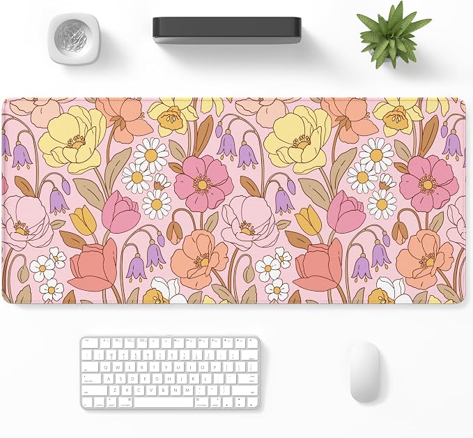 Desk Mat, Large Gaming Mouse Pad, 32" x 12", Boho Pink Tulip | Waterproof Desk Pad, Non-Slip Rubber Base, Desktop Mat with Stitched Edges, Desk Accessories for Office, Work, Home