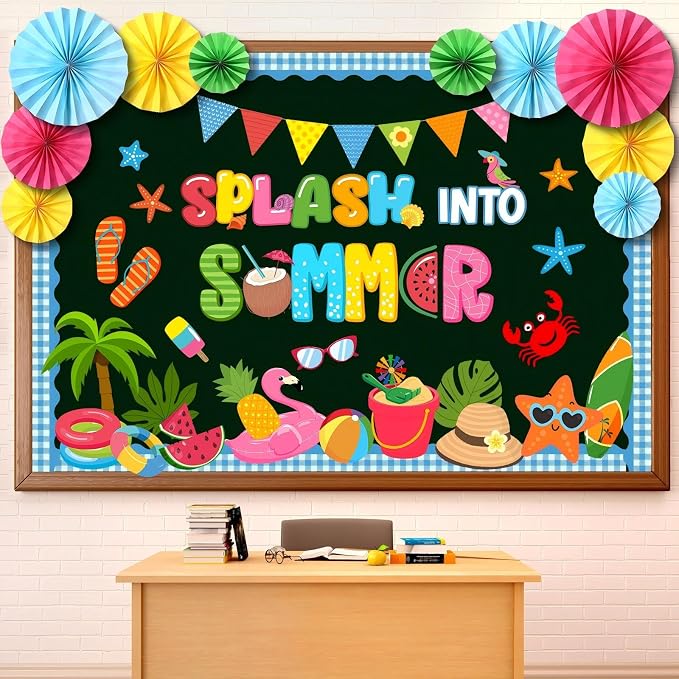 73 Pcs 3D Summer Bulletin Board Decorations with Paper Fans | Tropical Hawaiian Party Decorations Beach Palm Tree Ball Slippers Ice Cream Fruit Classroom Office Wall Door Decor Supplies