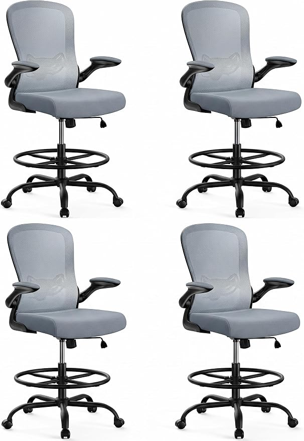 ErGear Drafting Chair,Tall Office Chair with Flip-Up Armrests, High Desk Chair Adjustable Height and Adjustable Footrest Ring, Ergonomic Standing Desk Chair with Lumbar Support, Blue,4 Pack