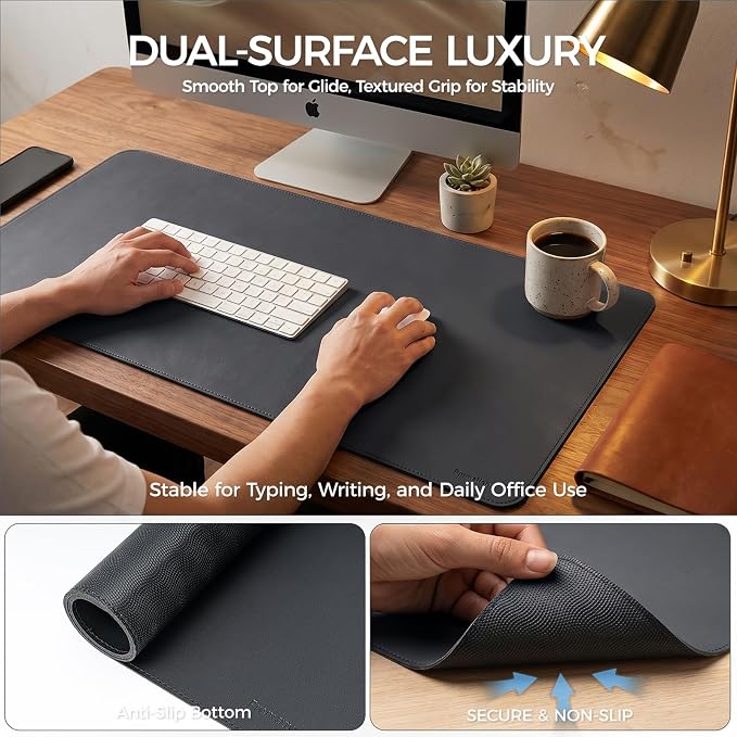 Large Desk Pad Non-Slip Desk Mat Protector for Keyboard Mouse Waterproof Vegan Leather Surface Faux Leather Laptop Mat Smooth Mouse Pad Premium Gift Tube Obsidian Black 47" x 17"
