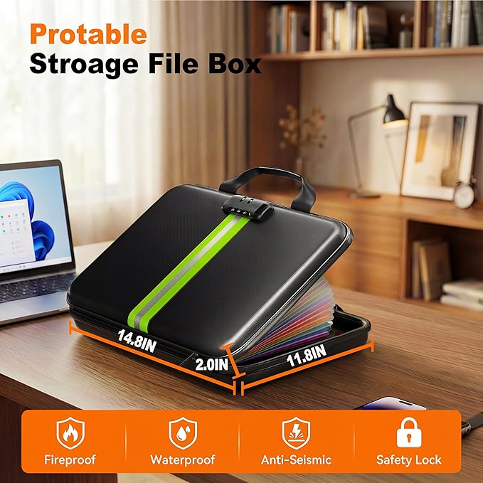 Fireproof Accordion File Organizer with Lock,Hard-Shell Fireproof Document Box with 13 Pockets for Certificates, Passports Laptop Important Documents Portable Home Office Travel Safe Storage