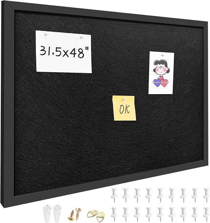 31.5"x48" Black Framed Black Linen Bulletin Board, Pin Board | Linen corkboard texture. Premium cork boards for walls and pin board office organizer.