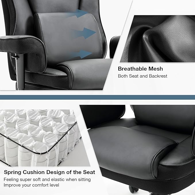 650lbs Big and Tall Office Chair with for Heavy People with Massage Lumbar Pillow, Heavy Duty Executive Desk Chair with Adjustable Padded Armrest & Lumbar Support for Adults 8 Hours Daliy Work