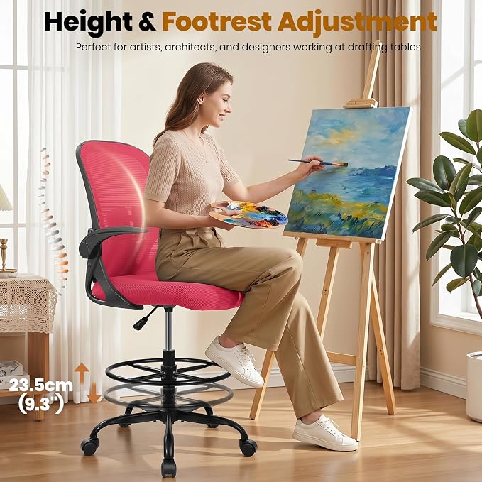 Drafting Chair Tall Office Chair with Flip-up Armrests Executive Ergonomic Computer Standing Desk Chair with Lumbar Support and Adjustable Footrest Ring (Fire Brick)