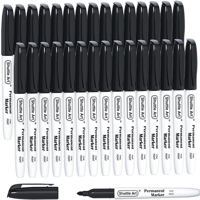 Shuttle Art Permanent Markers, 30 Pack Black Permanent Marker set, Fine Point, Works on Plastic, Wood, Stone, Metal and Glass for Doodling, Marking