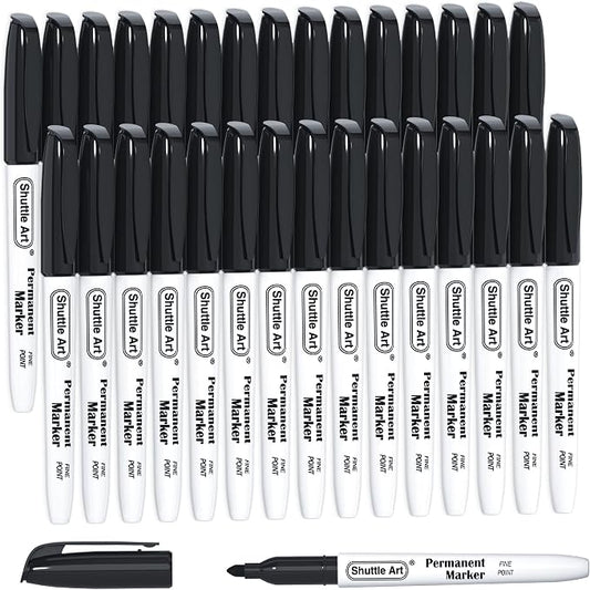Shuttle Art Permanent Markers, 30 Pack Black Permanent Marker set, Fine Point, Works on Plastic, Wood, Stone, Metal and Glass for Doodling, Marking
