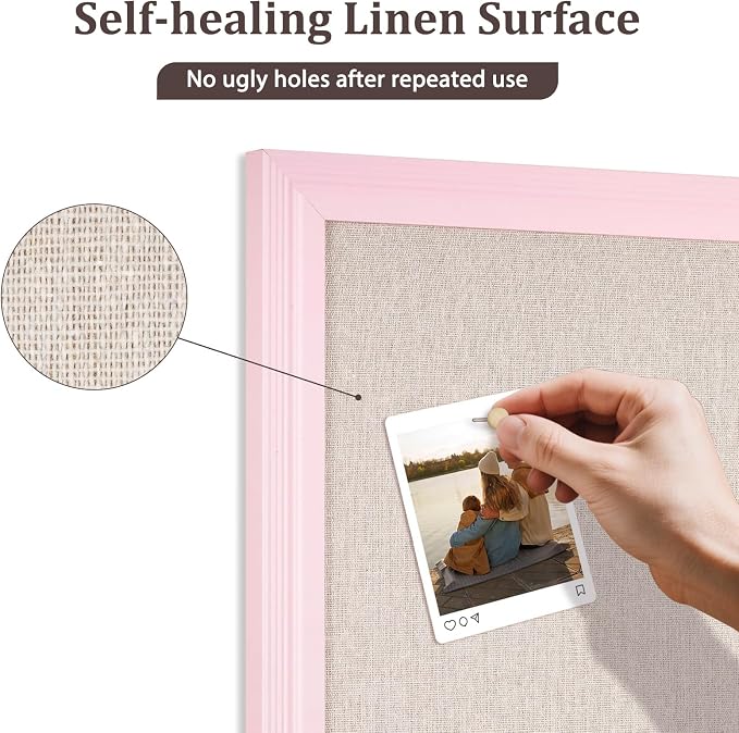 DOLLAR BOSS Bulletin Boards with Linen, 36"x24" White Cork Board, Pink | Corkboards for Walls, Framed Pin Board, Picture Display Vision Board, For Office Home School Girls Dorm Decor, 10 Pushpins