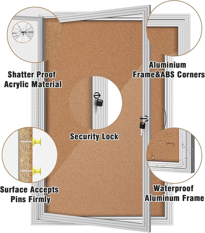 Mifuro 36"x24" Enclosed Bulletin Board, Outdoor Lockable Weather-Resistant Aluminum Cork Noticeboard for School & Office, Silver Frame w/Cork
