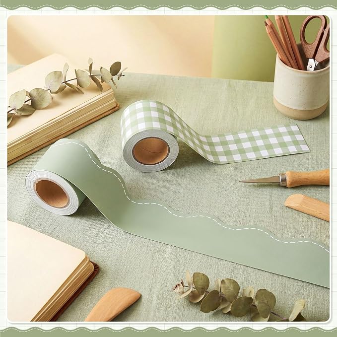 2 Rolls 65.6ft Sage Green Gingham Bulletin Board Borders Decoration Green Checkered and Straight Edge Bulletin Borders Board Trim for Office School Classroom Chalkboard Party Decoration