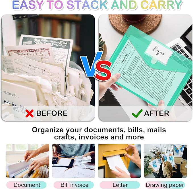 10 Pack Plastic Envelopes File Folders, Plastic Filing Folders A4 Pouch | Safe Closure, Colored Folder for Documents Letter A4 Size with Label Pocket, Office Teacher School Supplies Storage