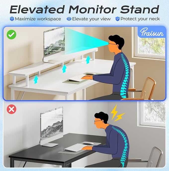48 inch Gaming Desk, LED & Power Outlets, Monitor Stand, White | Sturdy PC Desk for Home Office, Study & Work, LED Lights, 4 AC Outlets & USB-C Charging Station