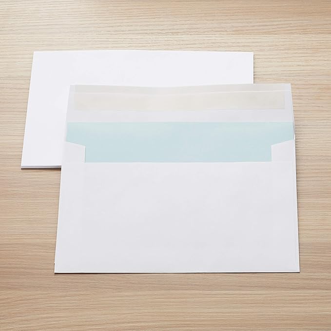 Amazon Basics A9 Blank Invitation Mailing Envelopes, Peel & Seal, No Licking, 5-3/4 x 8-3/4 Inches, White, Pack of 100