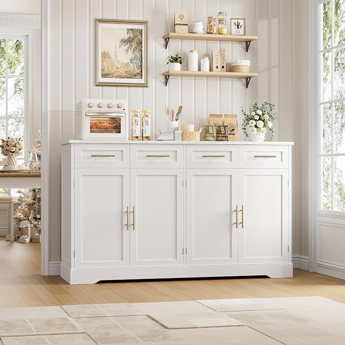 HOSTACK 60" W Sideboard Buffet Cabinet with Storage, Kitchen Cabinet, White | 36 Tall Kitchen Buffet Storage Cabinet with 4 Drawer, Large Coffee Bar Cabinet, Modern Buffet Table for Dining Living Room