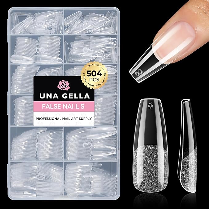 UNA GELLA Long Coffin Nail Tips, 504pcs Pre-Shape Fake Nails Half Matte Full Cover Acrylic Gel Nail Tips Clear Long Coffin Press On Nails Home DIY Extension 12 Sizes Gelly Tips