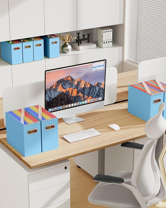 Portable Collapsible Cardboard File Box with Handle for Letter-Size | 8-Pack. Stainless Steel Handle. Label Stickers Included. Fits Letter Folders (Not Included). Home, Office, School, Dorm, Tax.