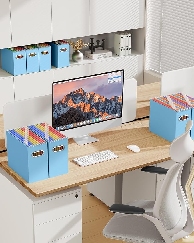 Portable Collapsible Cardboard File Box with Handle for Letter-Size | 2-Pack. Stainless Steel Handle. Label Stickers Included. Fits Letter Folders (Not Included). Home, Office, School, Dorm, Tax.