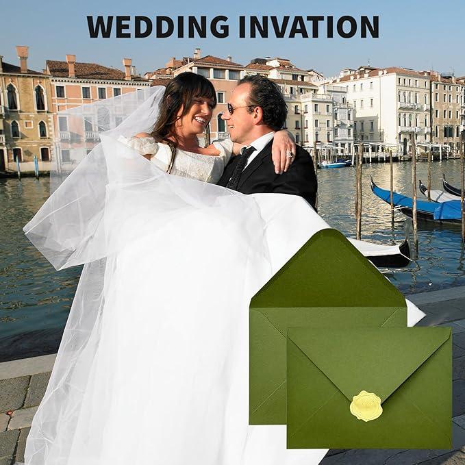 YINUOYOUJIA 50 PCS Olive Green Specialty Paper Envelopes A7, 5 x 7 Envelopes for Invitation, Great for Wedding Invitation Cards, Photos,Perfect for Birthday, Baby Shower, Graduation, Christmas
