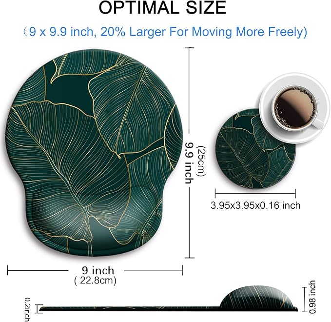 Ergonomic Mouse Pad with Wrist Support Rest,Large Mousepad Gel Wrist Rest, with Coaster Non-Slip & Pain Relief for Computer, Desk, Home&Office-Leaves 2