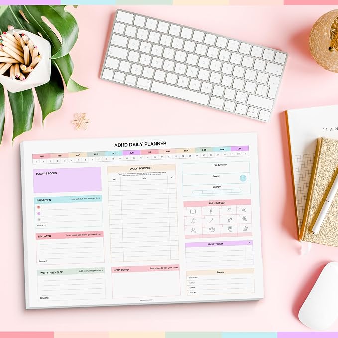 ADHD Daily Planner Notepad for Neurodivergent Adults - Productivity Daily Planner Desk Pad & Task Management to Stay Organized and Focused Note Pad (Rainbow, A4 Landscape)