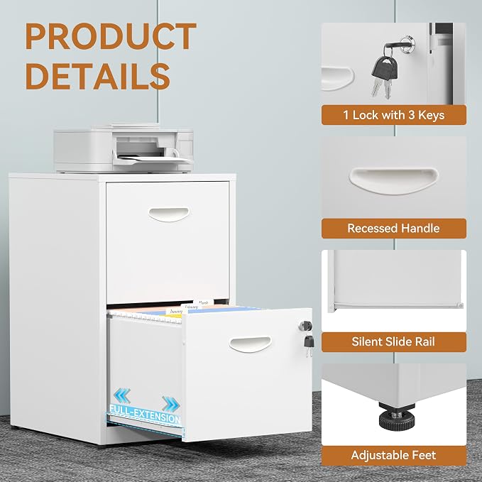 Polup 2 Drawer File Cabinet with Lock, Metal Filing Cabinet for Home Office | Small Locking Cabinet for Under Desk Storage, Printer Stand, Fits Letter Size, White, 26"H x 15"W x 18"D, Easy Assembly