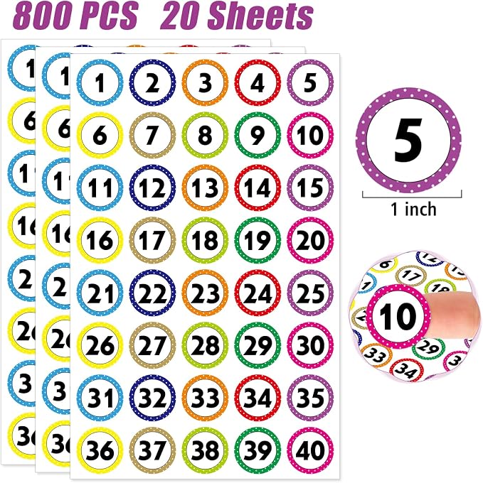 800 Number Stickers 1-40, 20 Sheets of Polka Dot Waterproof/Oil-Resistant/Tear-Resistant Removable Numbered Labels, Suitable for Storage Boxes, Cabinets, Bookshelves, Desks, Chairs, etc. (1 Inch)