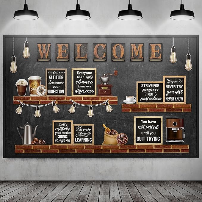 Qilery Coffee Motivational Bulletin Board Inspirational Welcome Decor | Industrial Welcome Bulletin Board Positive Bulletin Board Cutout Classroom Decoration for Back to School Educational Material