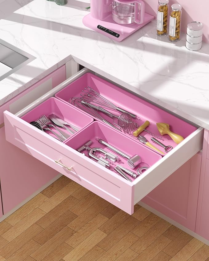 10 Pack Large Size Plastic Drawer Organizers Set, 3 Sizes Desk Drawer Organizer Trays, Storage Bins for Vanity, Makeup, Bathroom, Kitchen Utensils and Office (Pink)