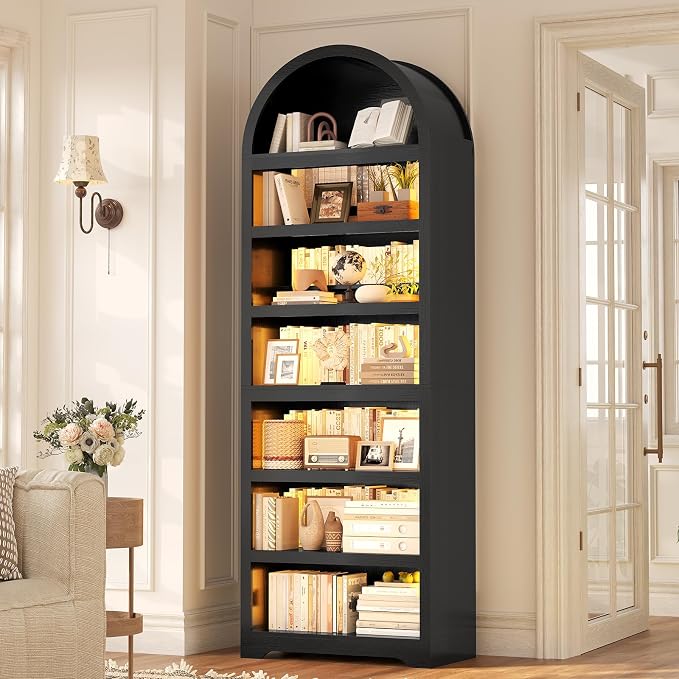 79.4"Tall Arched Cabinet,Bookcase with storage,Mid-Century Modern 7-Tier Bookshelf with RGB Light,2 Book Risers,Adjustable Shelf offering more space for Living Room,Kitchen,Home Office (Black)