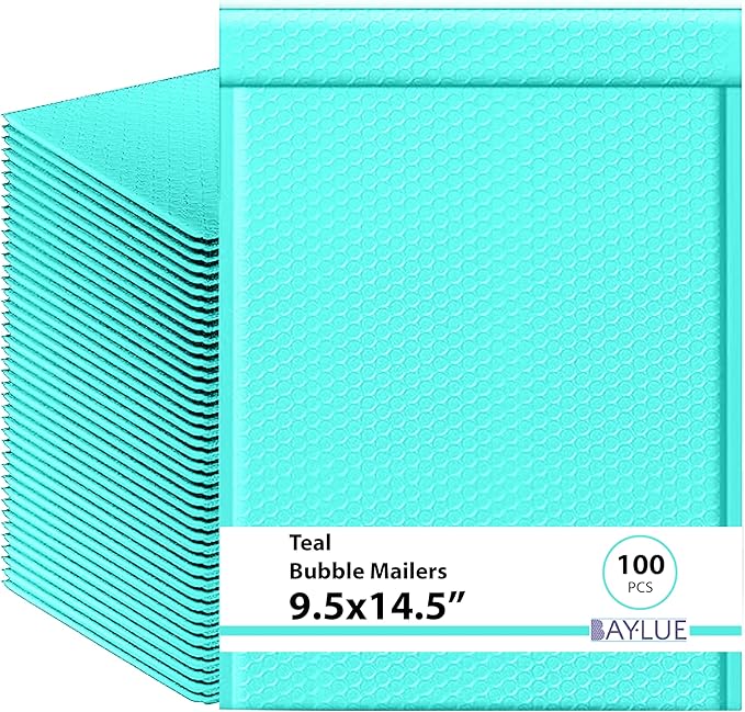 Teal 9.5x14.5 Inch Poly Bubble Mailers #4 | Self Seal Large Padded Envelopes | Air Cushioned Bubble Mailer | Usable Size 9.5x13 Inch | Waterproof Lightweight Mailing Shipping Bags | 100 Pack Bulk