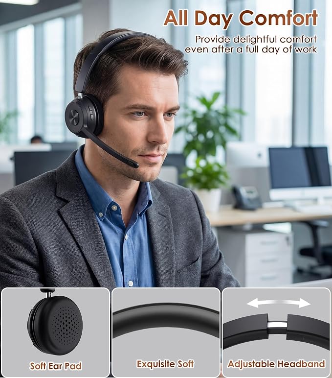 Wireless Headset with Mic for Work, Bluetooth Headset with Noise Cancelling | Headphones with Microphone Mute & USB Dongle for PC/Computer/Laptop/Cell Phones/Remote Work/Call Center (Black)