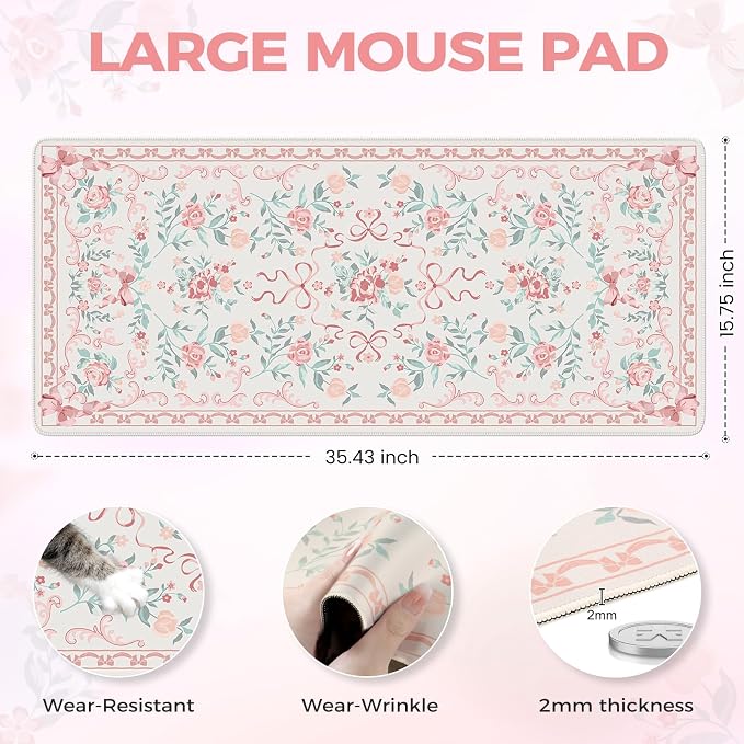 iCasso Aesthetic Desk Mat for Desktop,Cute Desk Pad for Women,Pink | Girly Bow Mouse Pad with Stitched Edges,Non-Slip Large Computer Mat for Home Office Study Gaming