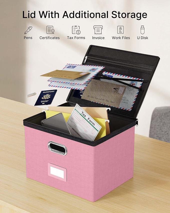File Box Large 1-Pack Hanging Organizer for Letter/Legal-Size Folder | Dustproof Lid. 3 Mesh Pockets. Collapsible Scratch-Resistant GRS Linen. Slide Rails. Office, Home, Dorm