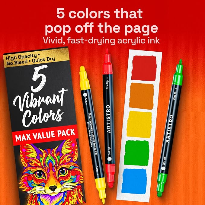 ARTISTRO Precision Dual-Tip Acrylic Paint Marker Pens - Set of 5 | For Fabric, Rock, Glass, Wood, & Coloring Books, Arts & Crafts Gift, Classroom Must Haves & School Supplies (Dot & Fine Tips)