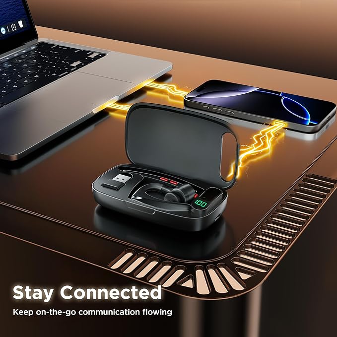Bluetooth Headset V5.3, Wireless Headset with Dual Noise-Canceling Mics, Portable Charging Case, 300H Standby Time, Hands Free Headphones for PC/Cell Phones, Trucker/Office/Work