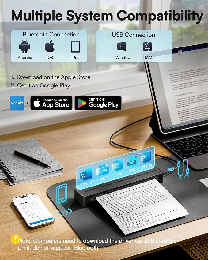 D90E Inkless Portable Thermal Printer for Travel, Black 1pack | Wireless Bluetooth Small Compact Mobile Printer for Travel/Office/School/Home, Compatible with iPhone, Tablet & Laptop