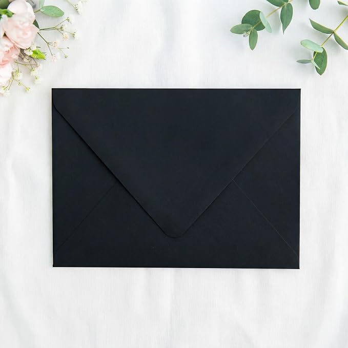 PONATIA 50PCS A7 Euro Flap Envelopes, 5.25 x 7.25'' Liner Envelope For 5x7'' Weddings Invitation Cards, Christmas Gift Cards, Acrylic Invitations, Photos (Black)