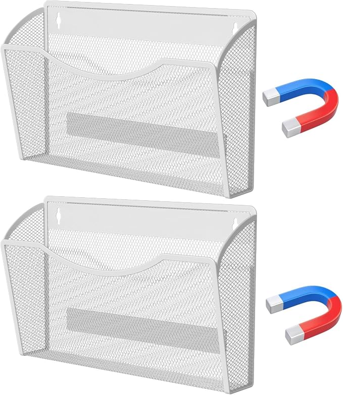 MINDEPOT Magnetic Wall File Organizer, Hanging File Holder, 2 Pack, White | Heavy Duty Iron, Powerful Magnet, Metal Mesh Wall Mount, Single Pocket, for Office School Classroom Home, Letter A4 Size