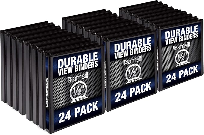 Samsill 24 Pack Durable 0.5 Inch 3 Ring Binders, Round Ring, Clear View Cover for Presentations, Black