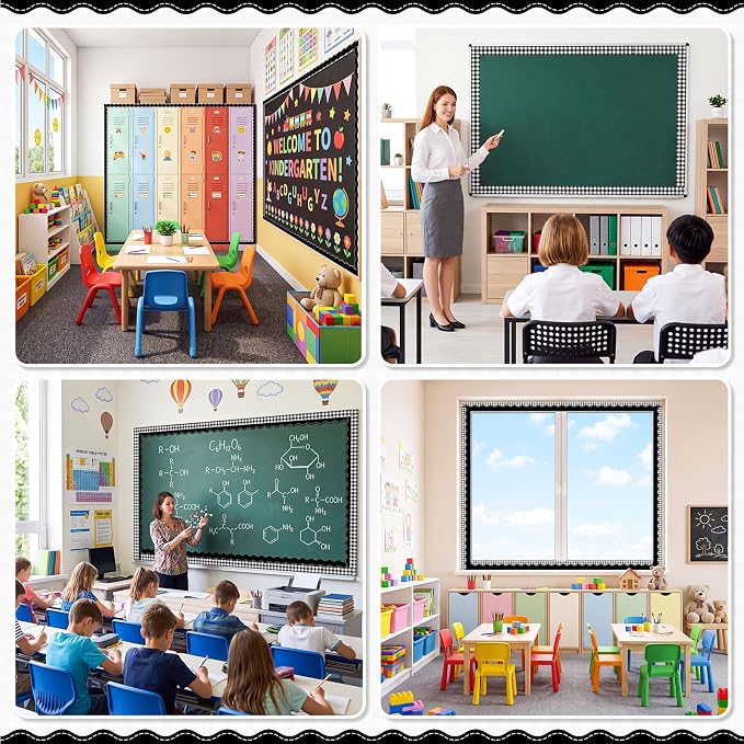 2 Rolls 65.6ft Black Gingham Bulletin Board Borders Decoration Black Checkered and Straight Edge Bulletin Borders Board Trim for Office School Classroom Chalkboard Party Decoration