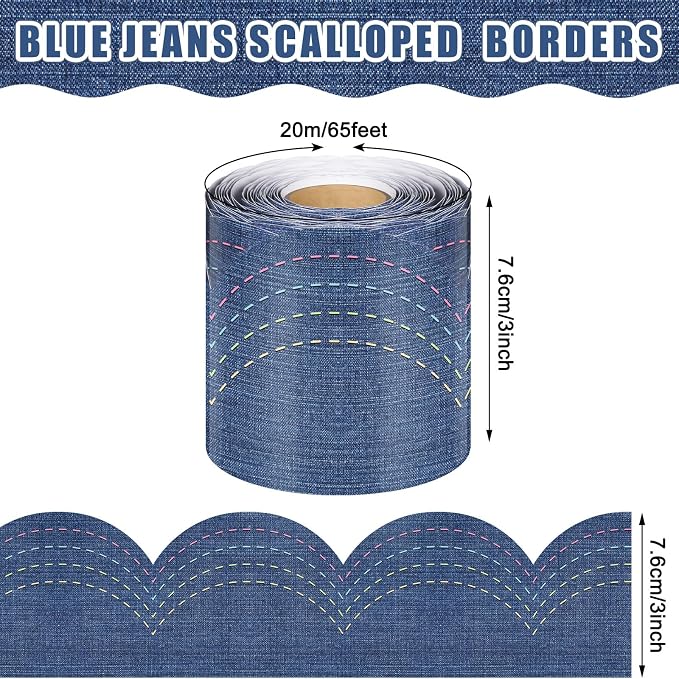 Zonon 65.6 Feet Blue Jeans Bulletin Board Border Farmhouse Scalloped Retro Blue Border for Bulletin Board Trim Roll Classroom Decorations for Back to School Classroom Chalkboard Home Office Wall Decor