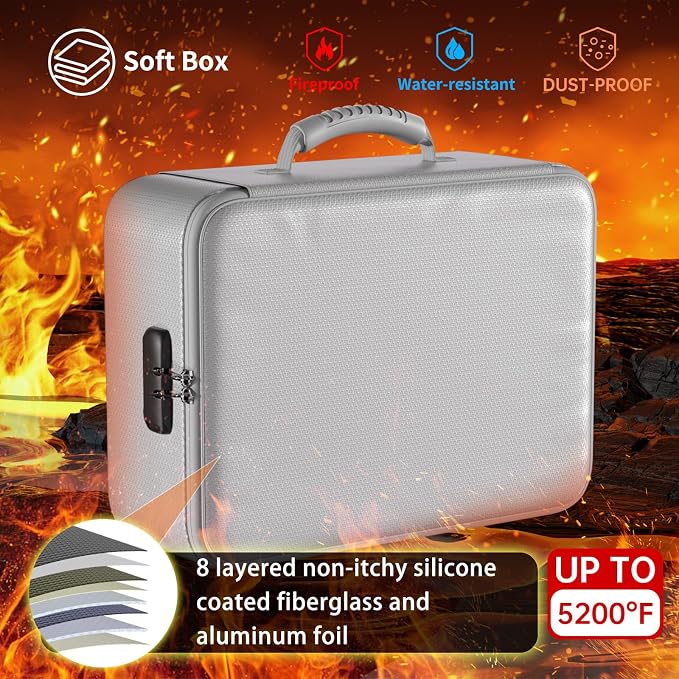 DocSafe 5200°F Fireproof Document Organizer Box with Lock, Silver (Soft) | Heat Insulated 8 Layers File Protection Bag,Water-Resistant Zipper,Portable Home Office Travel Safe Storage for Files,Laptop