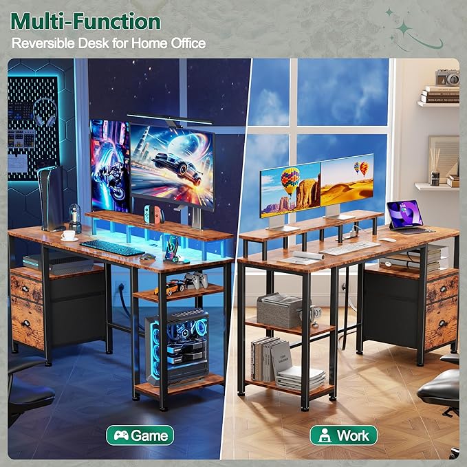 Furologee 61" Computer Desk with Power Outlet & LED Lights, Reversible Gaming Desk with File Cabinet & Monitor Stand for Home Office, Writing Study Table with Storage Shelves and Drawer, Rustic Brown