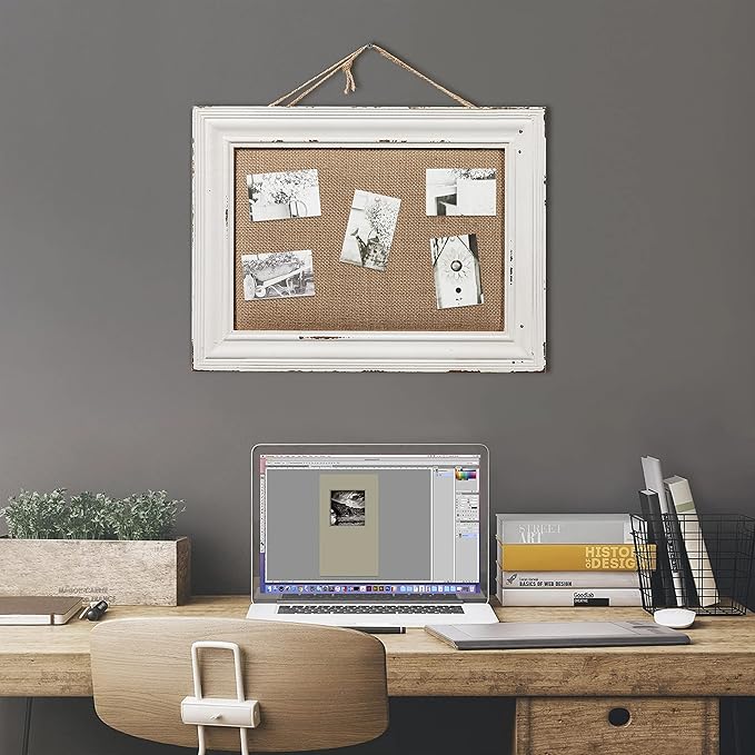SOFE Cute Linen Small Bulletin Board, 15.7×12 Inches White Decorative Cork Boards for Walls with Frame, Wood Vision Board Farmhouse Pin Board for Home Office School, Rustic Memo Board Display Photo