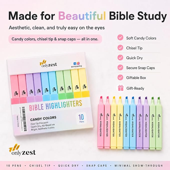 10 Aesthetic Bible Highlighters - Chisel Tip Liquid Ink Marker | Pen with Snap Caps for Clean Highlighting - Assorted Colors, No Bleed & Quick Dry - Bible Marker for Journaling & Studying