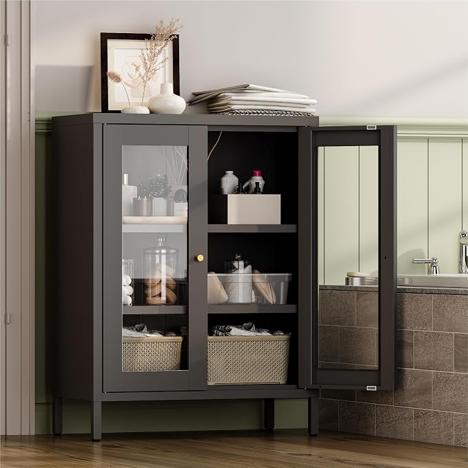 YAUWOH Metal Bathroom Cabinet with Glass Doors,Bathroom Floor Storage Cabinet with 2 Adjustable Shelves & 2 Doors, Sideboard for Small Spaces, Living Room, Dining Room, Home Office